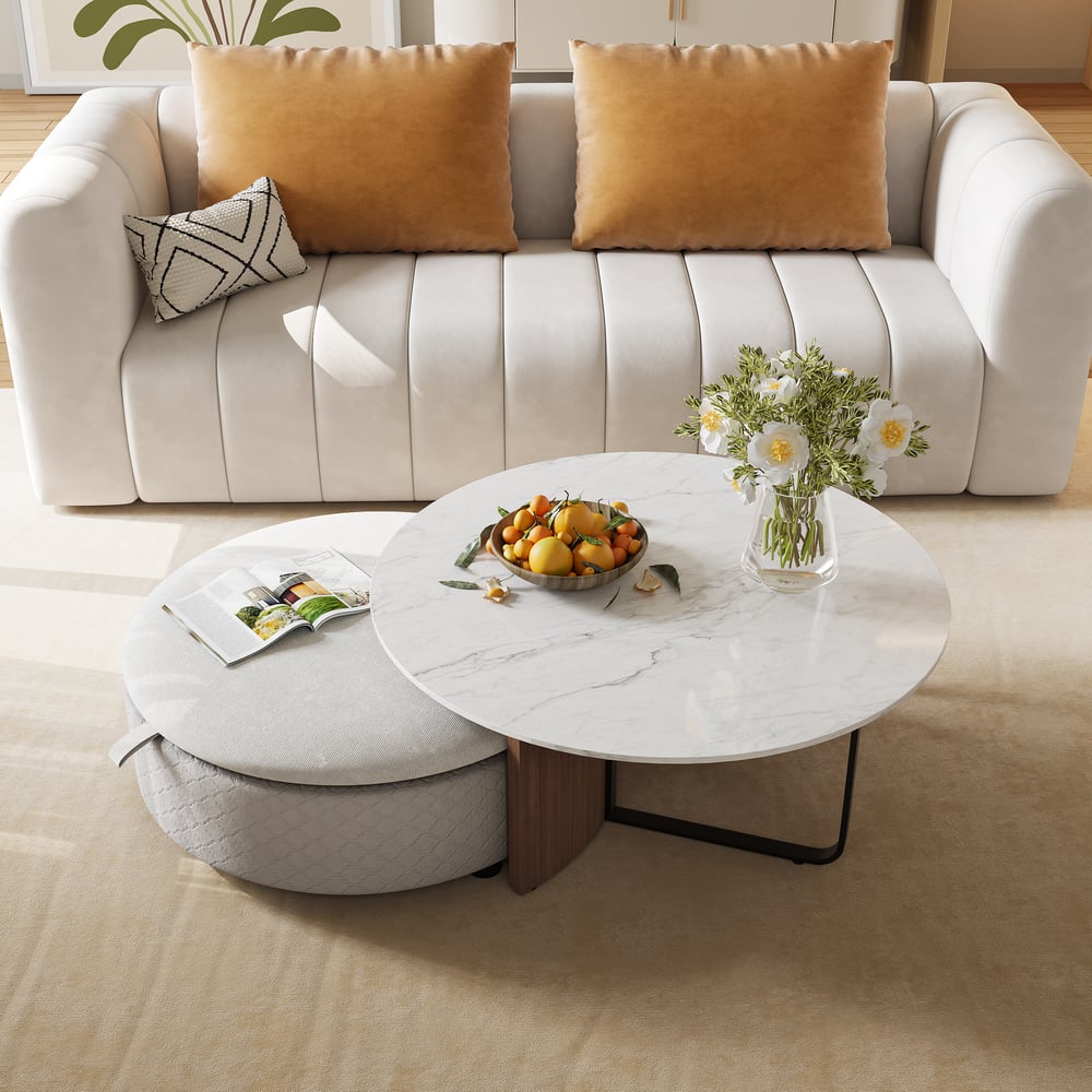 Perguntas e respostas para Conjunto de mesa de café com tampo de pedra sinterizada com armazenamento otomano (30"-35")