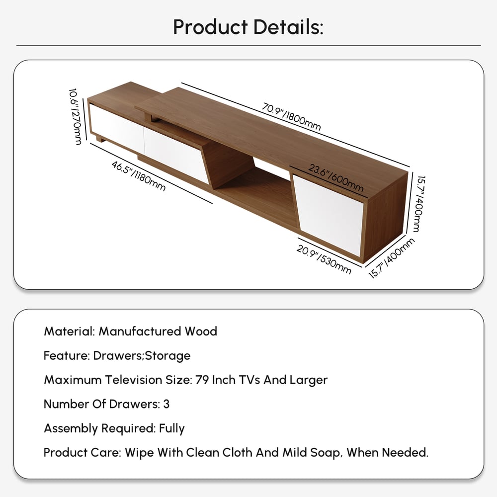 Fero Walnut Extendable TV Stand with 3 Drawers(71"-110") weights dimensions image