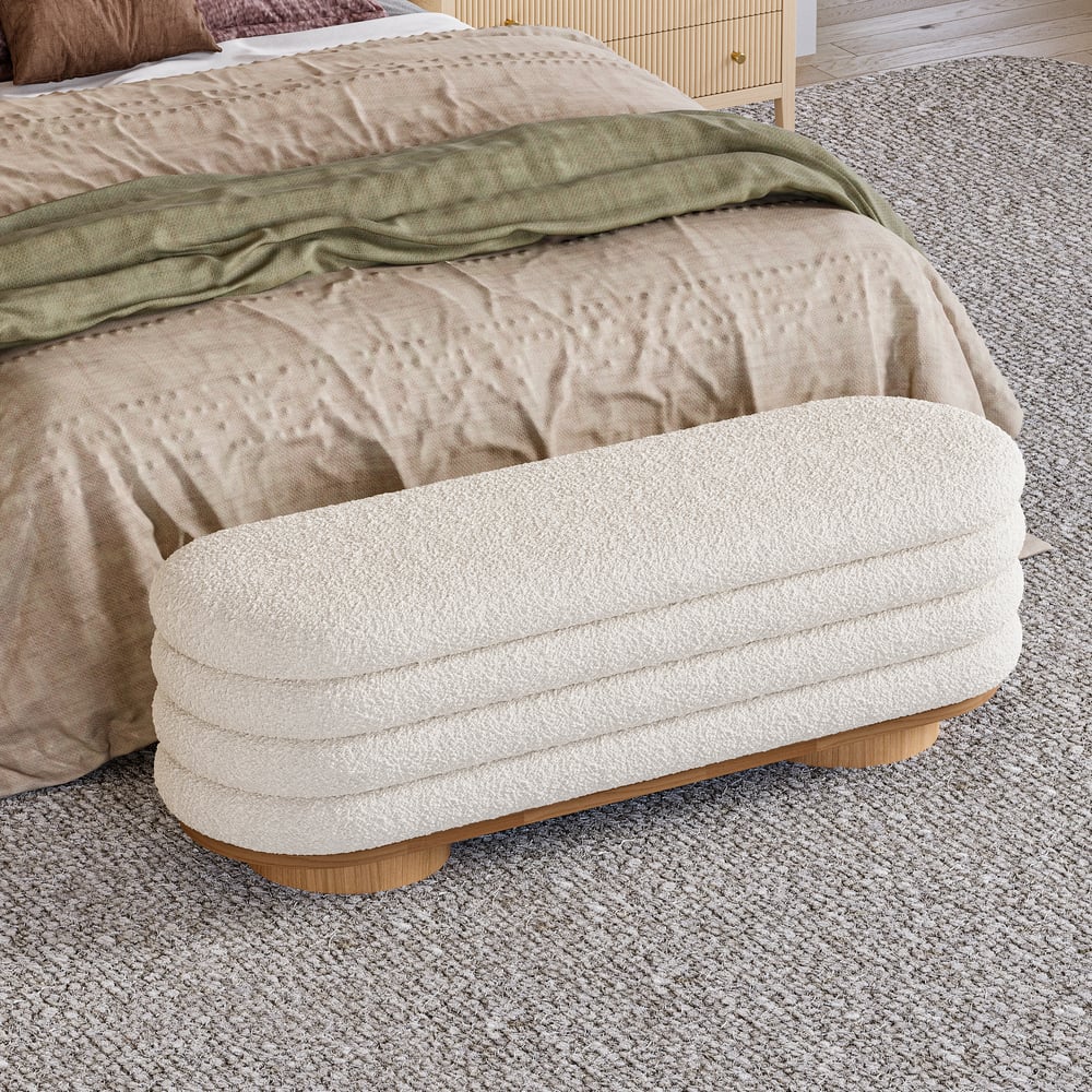 Questions and Answers for 71"W Modern White Bedroom Storage Bench Boucle Upholstery with Wood Legs