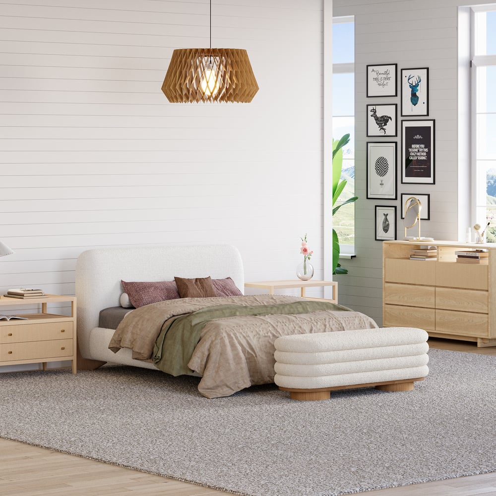 Questions and Answers for 71"W Modern White Bedroom Storage Bench Boucle Upholstery with Wood Legs
