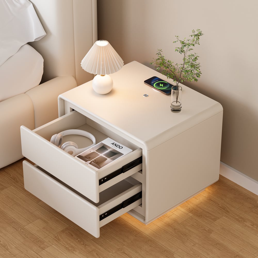 Recensioni dei clienti per Comodino moderno color crema con 2 cassetti, funzione di ricarica e illuminazione