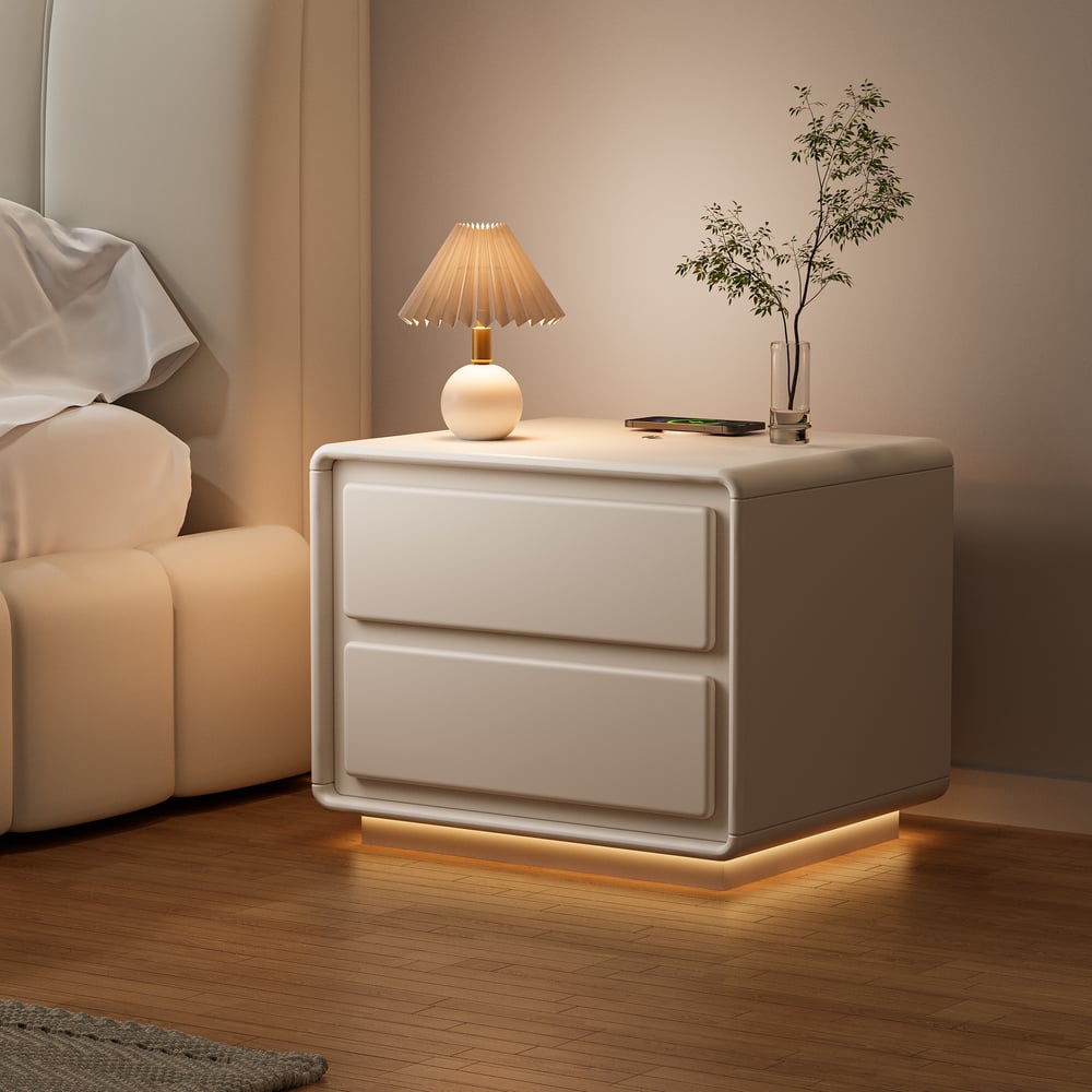 Recensioni dei clienti per Comodino moderno color crema con 2 cassetti, funzione di ricarica e illuminazione