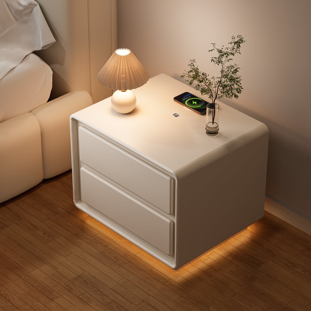 Recensioni dei clienti per Comodino moderno color crema con 2 cassetti, funzione di ricarica e illuminazione
