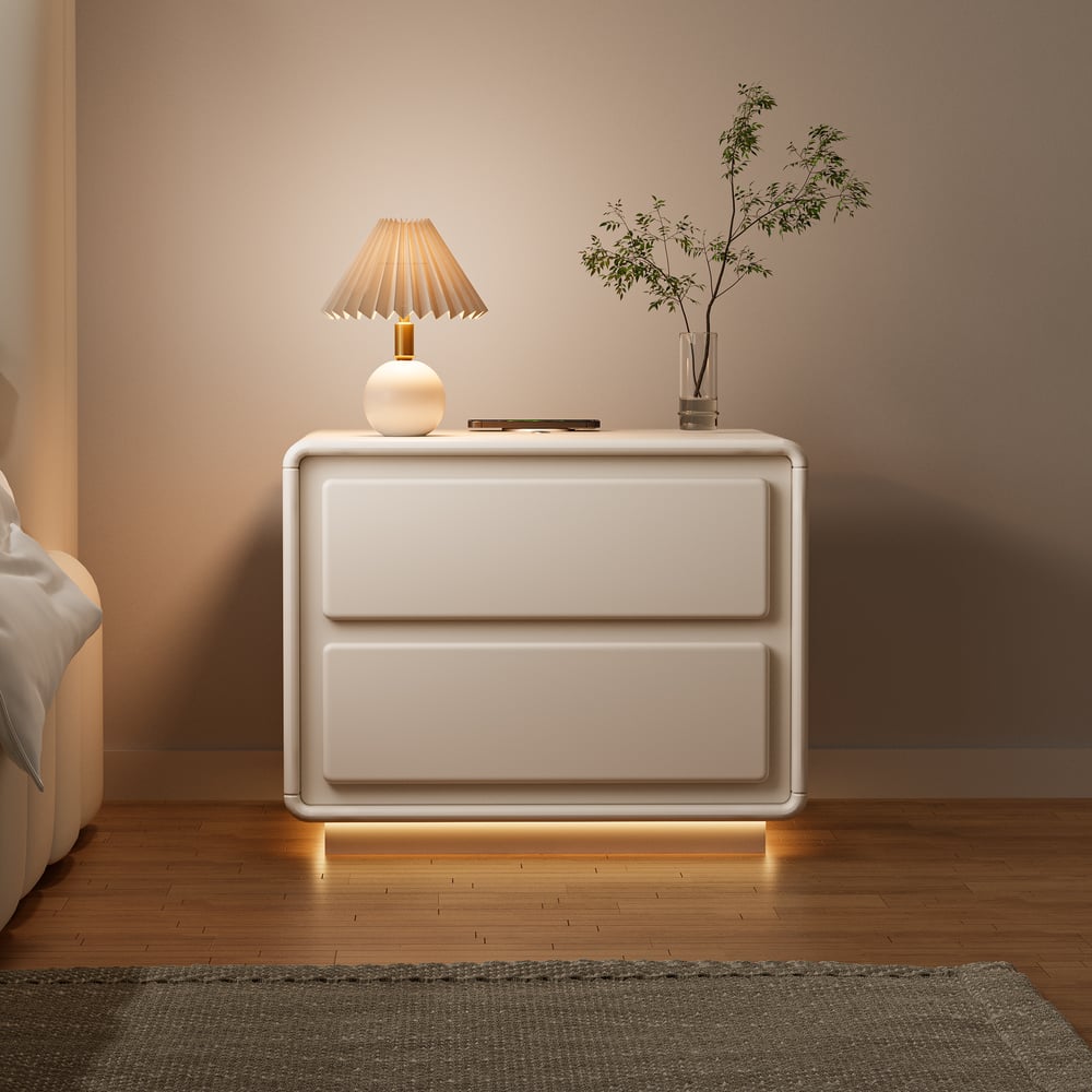 Recensioni dei clienti per Comodino moderno color crema con 2 cassetti, funzione di ricarica e illuminazione