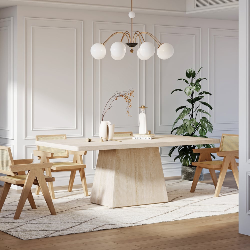 Questions et Réponses pour Table de salle à manger rectangulaire moderne en faux travertin de 79 po, intérieur/extérieur, 6 à 8 personnes