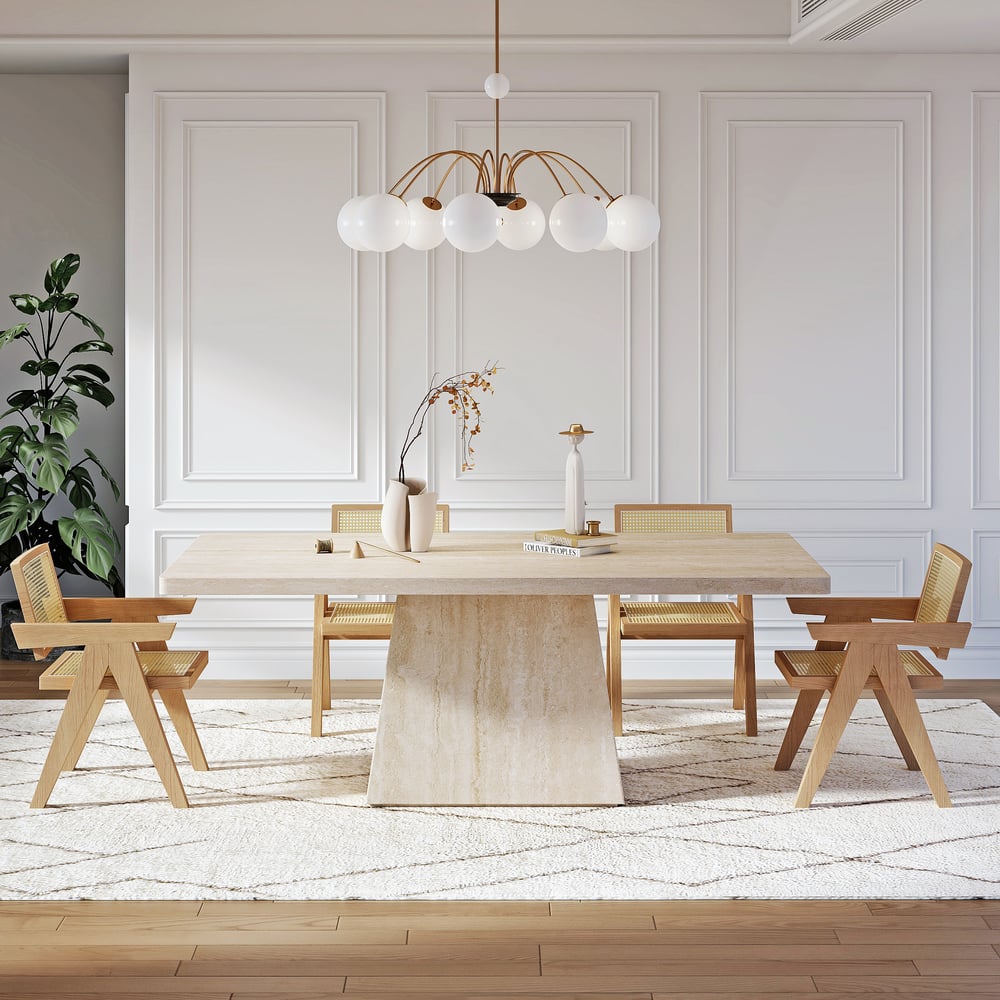 Questions et Réponses pour Table de salle à manger rectangulaire moderne en faux travertin de 79 po, intérieur/extérieur, 6 à 8 personnes