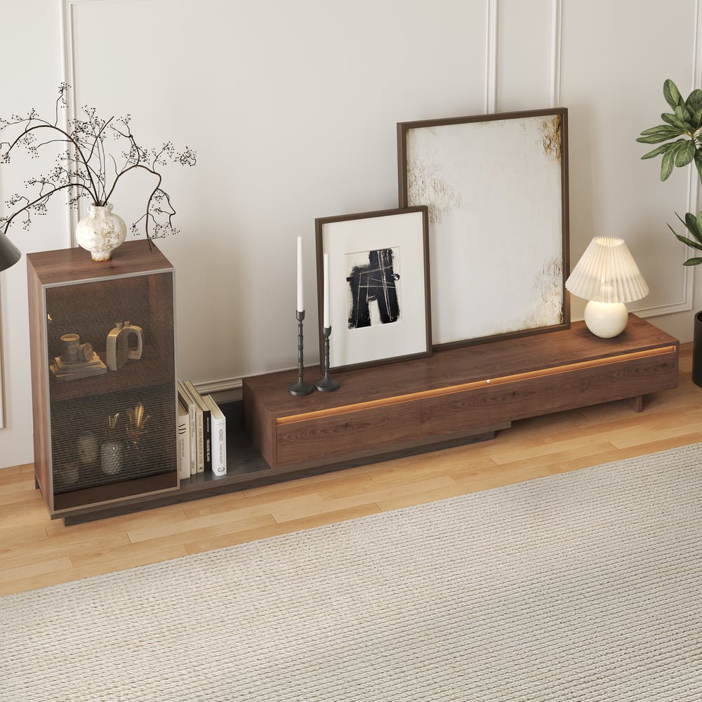 Avis Clients sur Meuble TV extensible Fero en noyer et gris avec étagères et lampe (2500 mm-3930 mm)