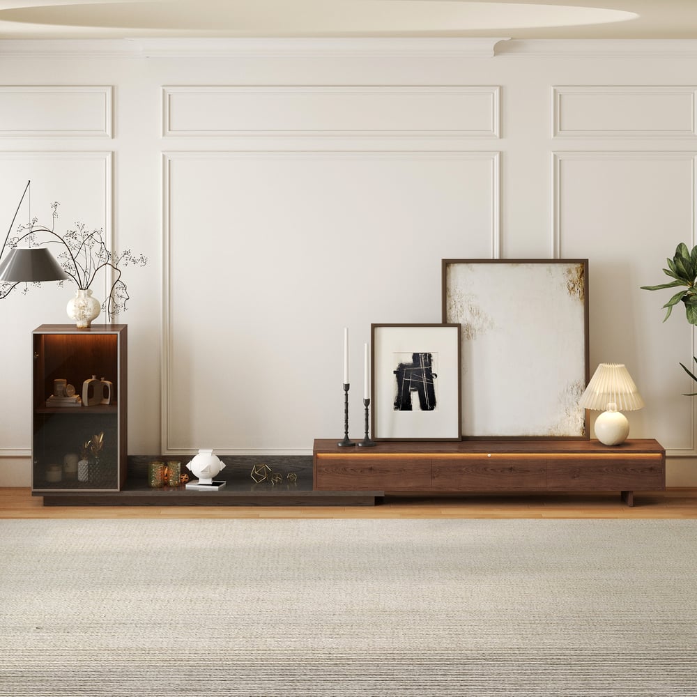 Avis Clients sur Meuble TV extensible Fero en noyer et gris avec étagères et lampe (2500 mm-3930 mm)