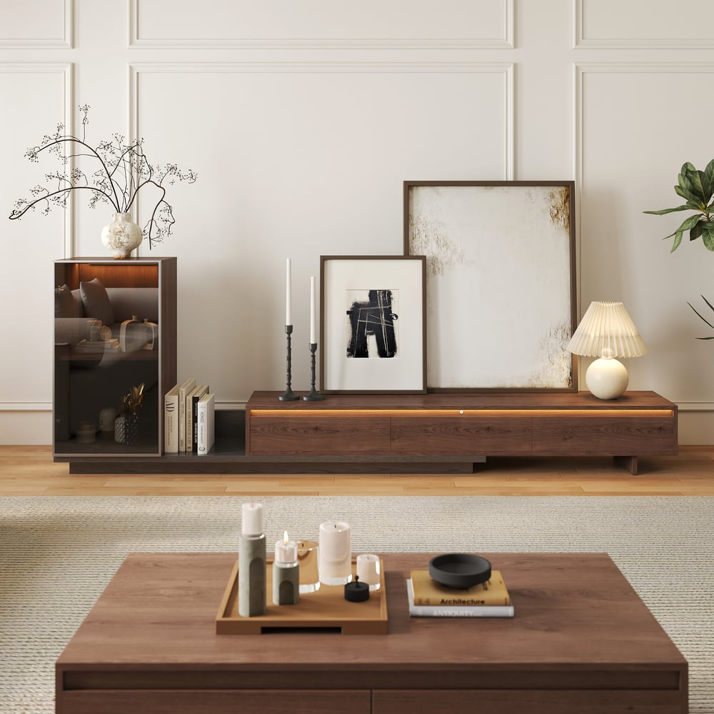 Avis Clients sur Meuble TV extensible Fero en noyer et gris avec étagères et lampe (2500 mm-3930 mm)