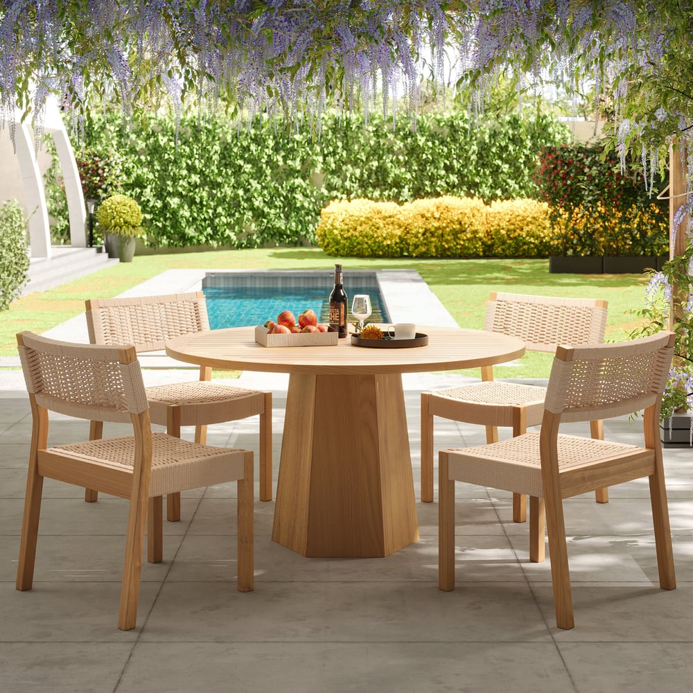 Hodnocení zákazníků pro položku 5dílný venkovní kulatý stůl z přírodního teaku a sada židlí z tkaných lan