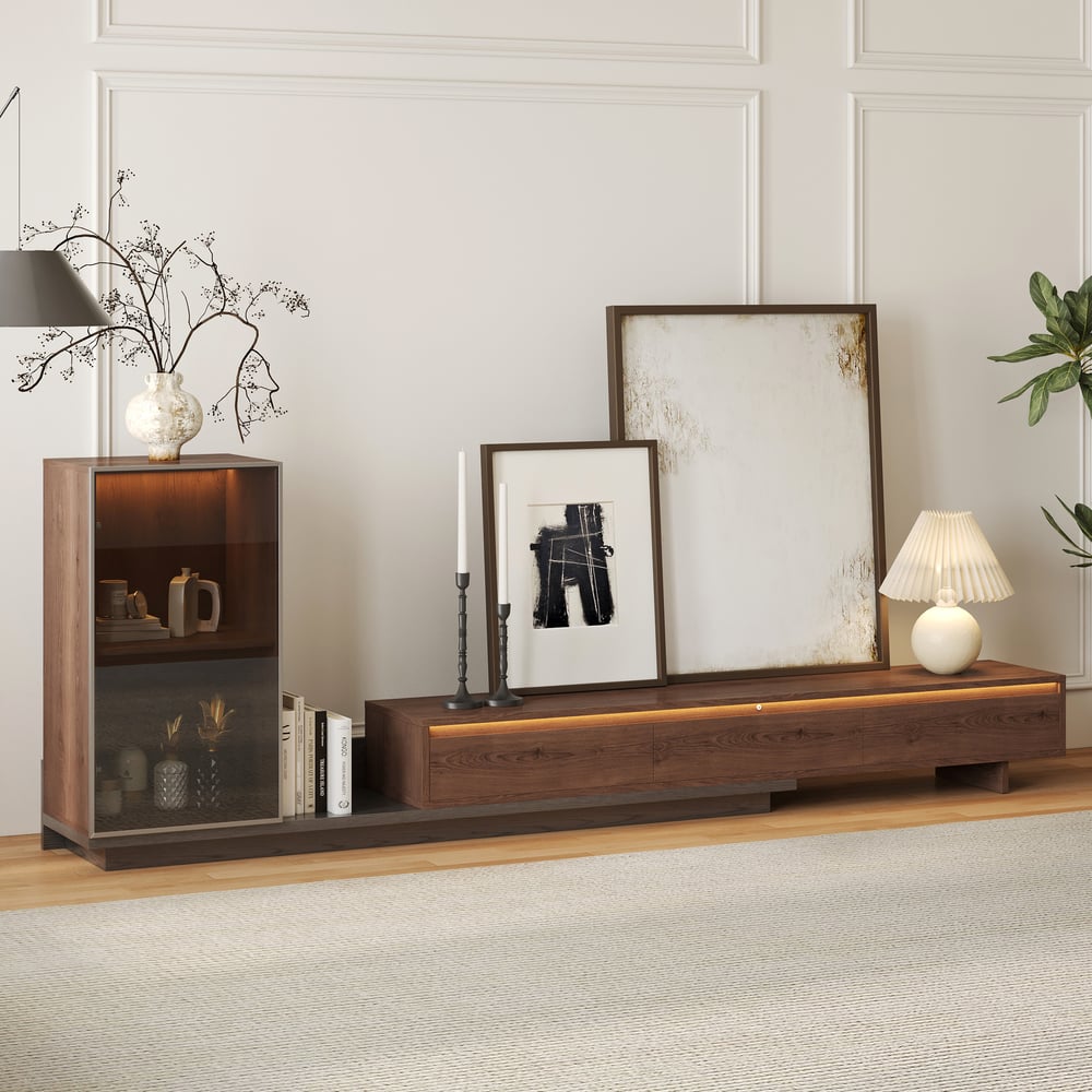 Avis Clients sur Meuble TV extensible Fero en noyer et gris avec étagères et lampe (2500 mm-3930 mm)