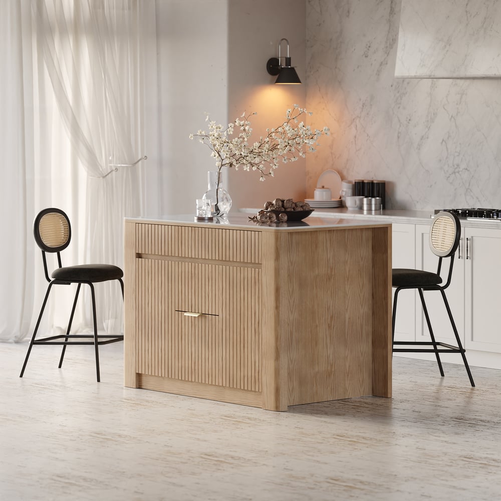 Vragen en antwoorden voor 51" massief houten keukeneiland met gesinterd stenen blad en opbergruimte