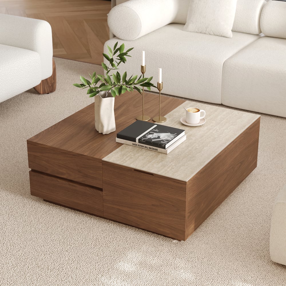 Questions and Answers for 39" Square Lift-Top Solid Wood Travertine Veneer Coffee Table