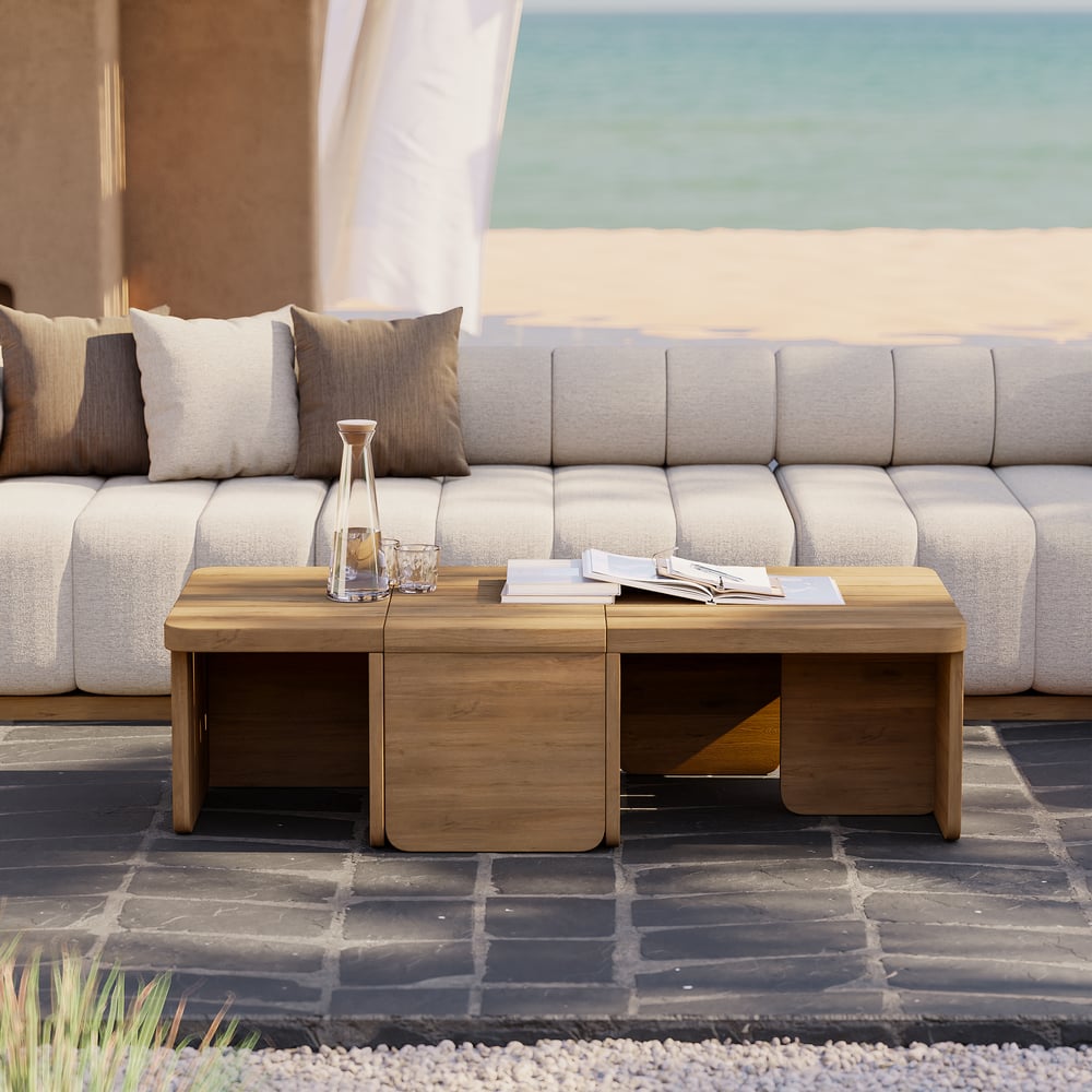 Questions et Réponses pour Table basse d'extérieur rectangulaire modulaire en bois de teck à lattes