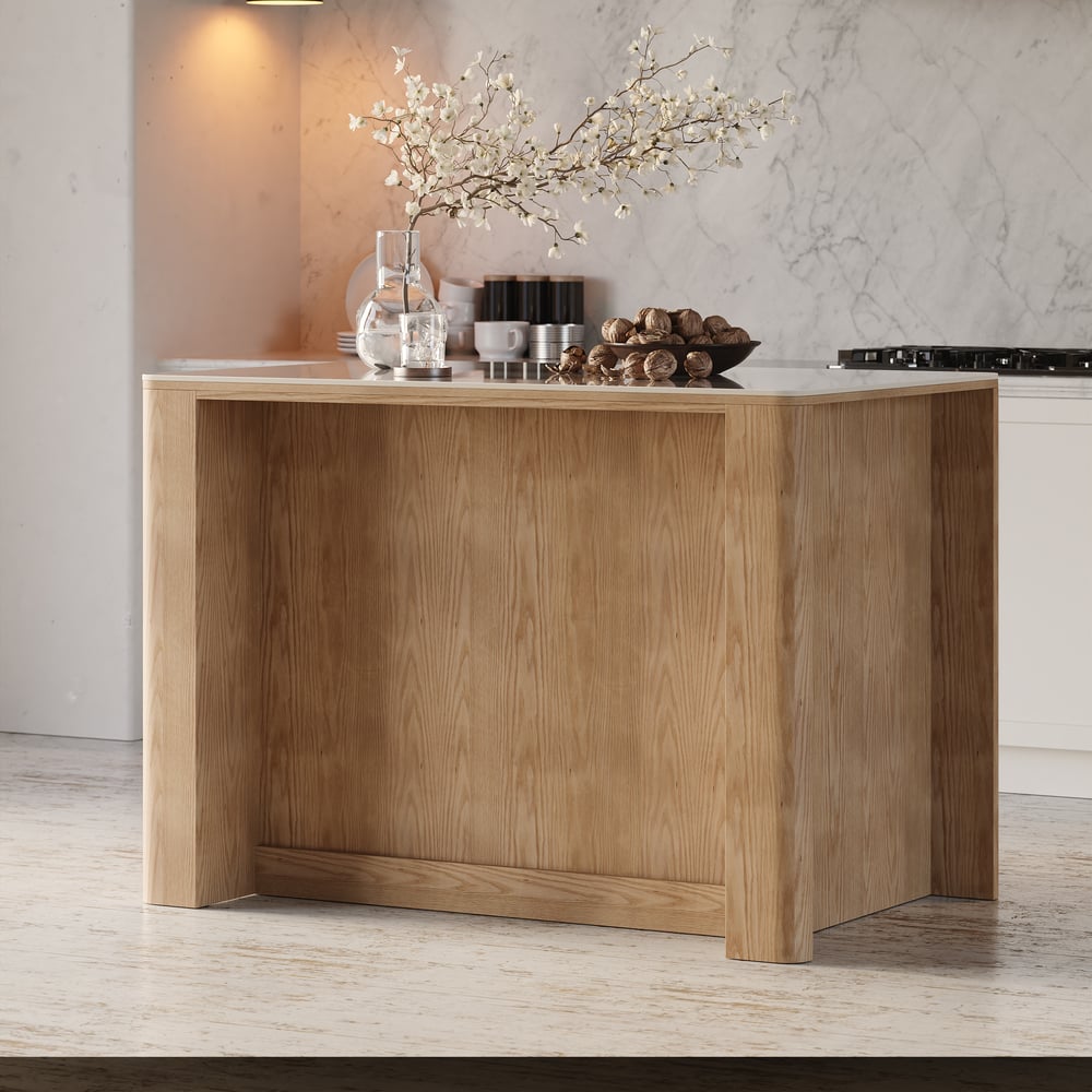 Vragen en antwoorden voor 51" massief houten keukeneiland met gesinterd stenen blad en opbergruimte