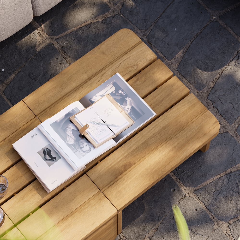 Questions et Réponses pour Table basse d'extérieur rectangulaire modulaire en bois de teck à lattes