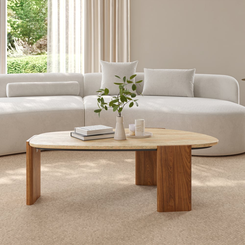 Avis Clients sur Table basse travertin et bois massif beige géométrique pour usage intérieur et extérieur