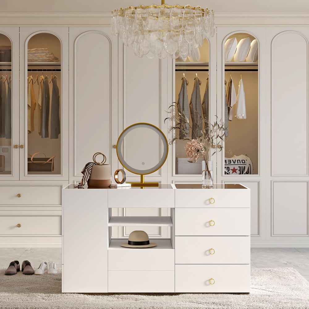 Questions et Réponses pour Îlot de dressing de luxe blanc de 150 cm avec plateau en verre, station de maquillage et présentoir à bijoux