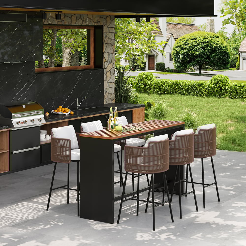 Questions and Answers for 7-Pieces Teak Rectangle Hollow Bar Dining Table & Rope Chair Set