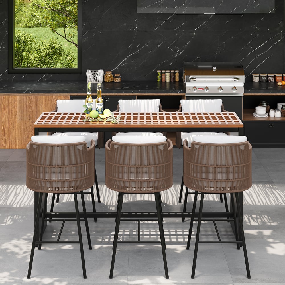 Questions and Answers for 7-Pieces Teak Rectangle Hollow Bar Dining Table & Rope Chair Set