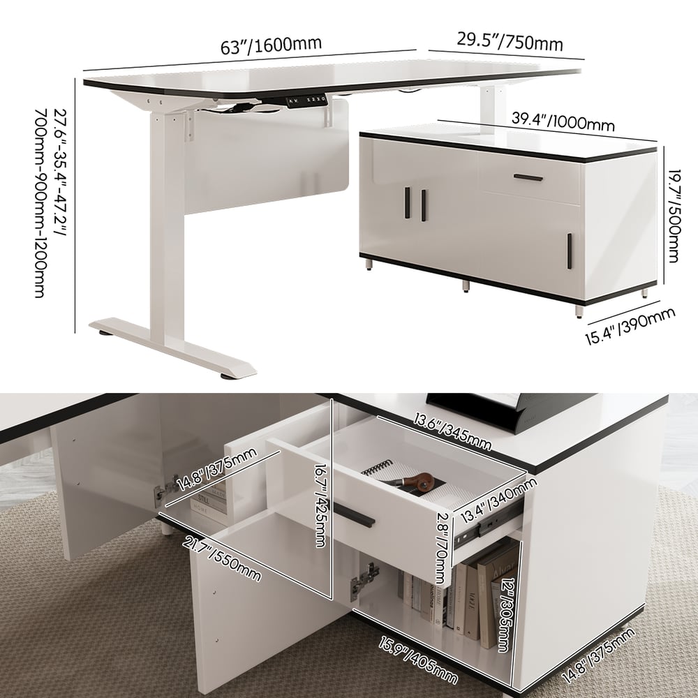 Modern White L Shaped Adjustable Electric Standing Executive Desk Right Hand (63" ) weights dimensions image