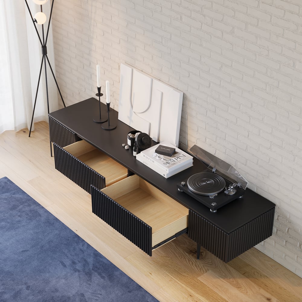 Questions and Answers for Modern 1800mm TV Stand with Drawers Line Media Console with Black Metal Legs