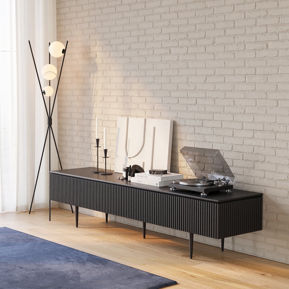 Questions and Answers for Modern 1800mm TV Stand with Drawers Line Media Console with Black Metal Legs