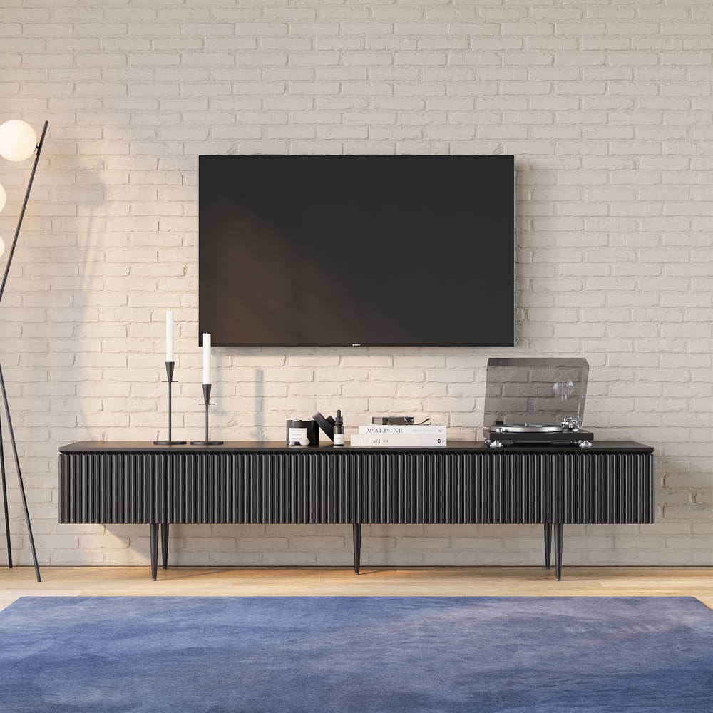 Otázky a odpovědi pro Televizní skříňka s žebrovanou přední částí se 2 zásuvkami 180 cm v černé barvě