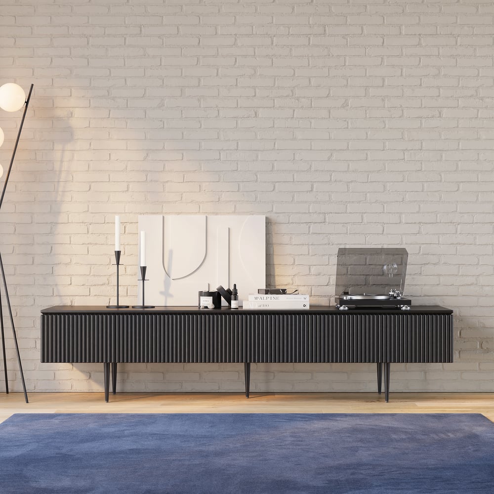 Questions and Answers for Modern 1800mm TV Stand with Drawers Line Media Console with Black Metal Legs