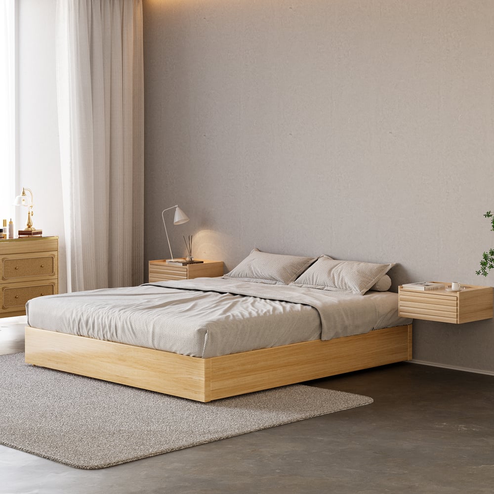 Lit super king size de style scandinave en bois naturel avec rangement|Homary FR