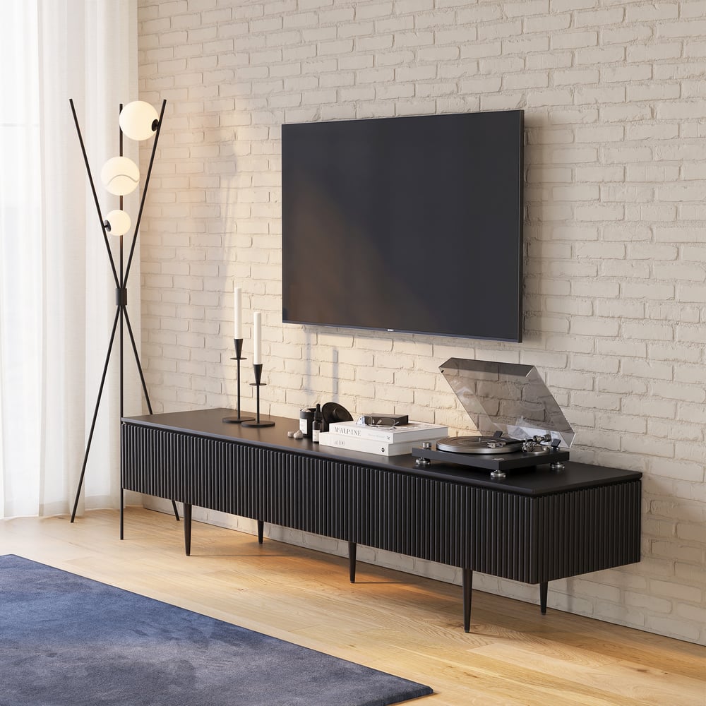 Otázky a odpovědi pro Televizní skříňka s žebrovanou přední částí se 2 zásuvkami 180 cm v černé barvě