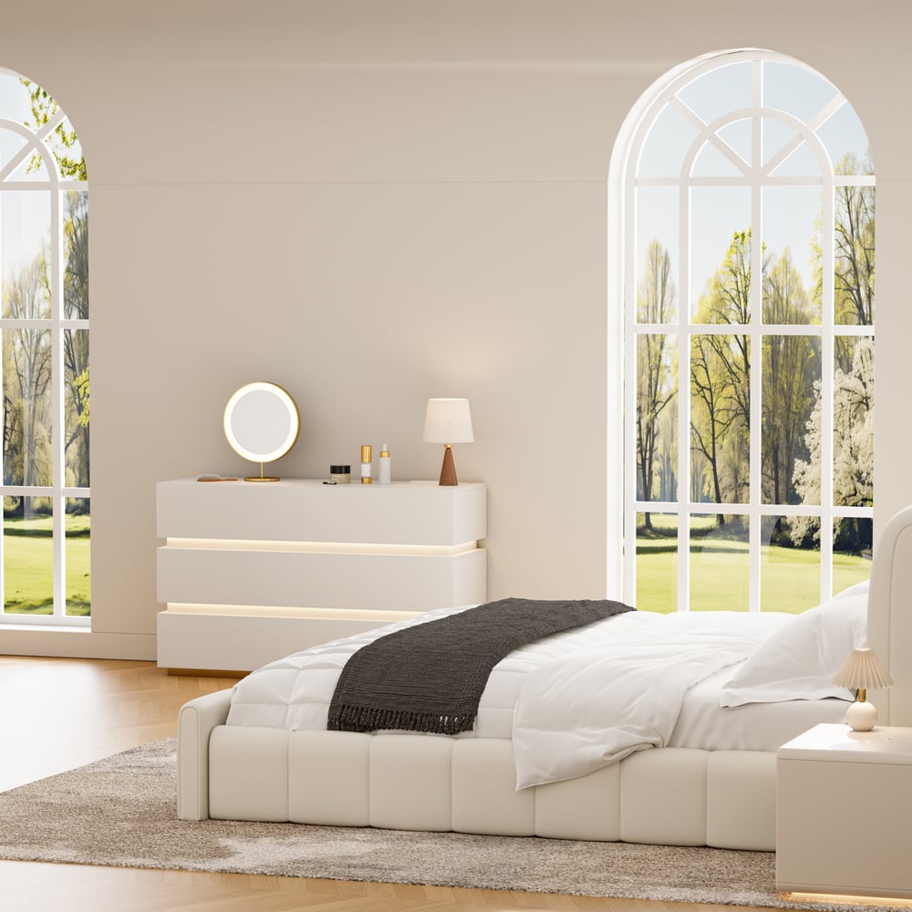 Vragen en antwoorden voor Lumio 1200 mm moderne witte LED-dressoir met 6 laden en opbergkast voor de slaapkamer