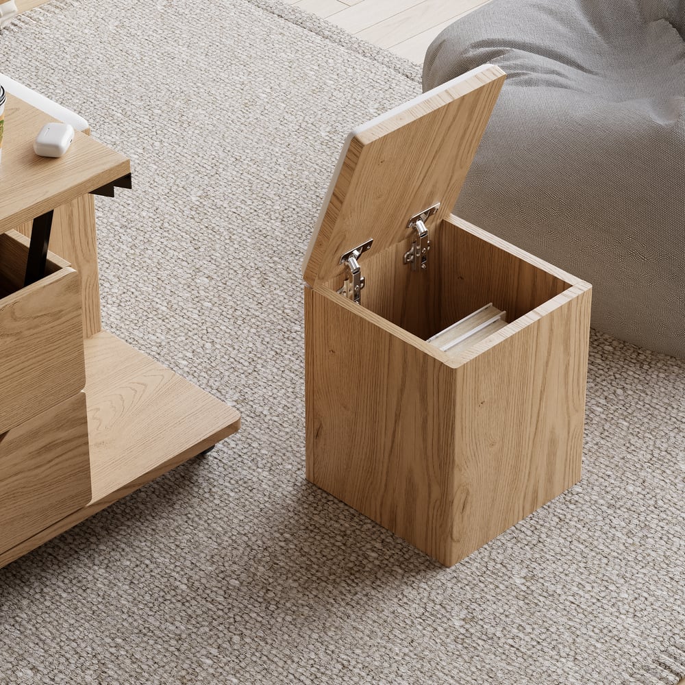1000mm Lift-Top Foldable Natural Coffee Table with 4 Stools & Storage