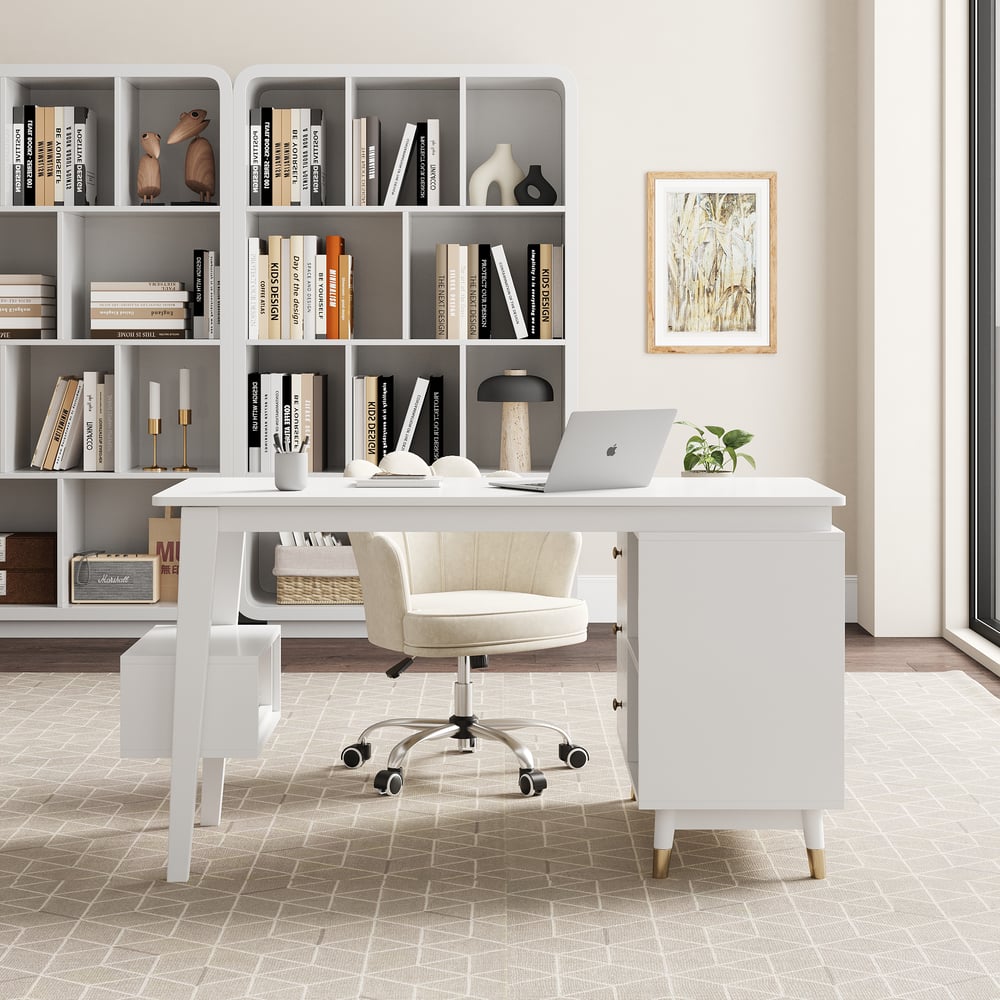 Questions and Answers for Ultic White L Shaped Office Desk with Storage Drawers & Shelf (1200mm)