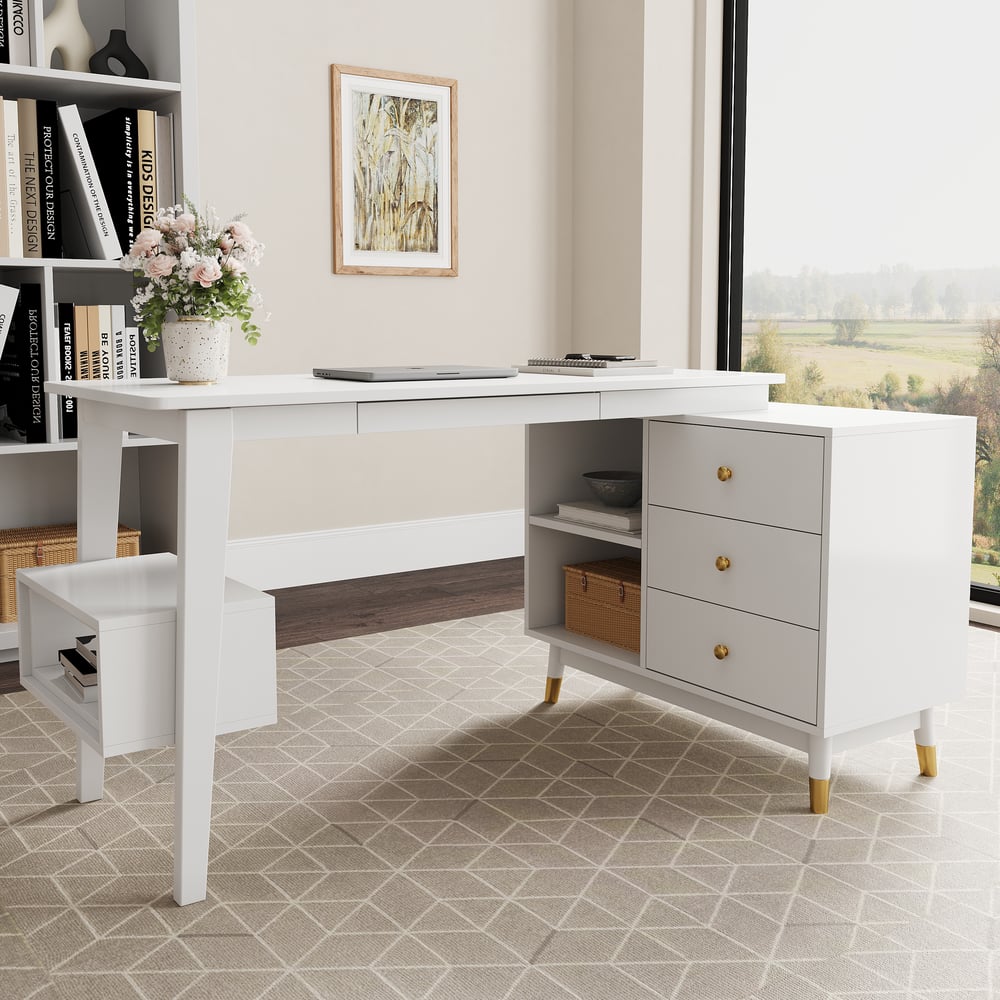 Questions and Answers for Ultic White L Shaped Office Desk with Storage Drawers & Shelf (1200mm)