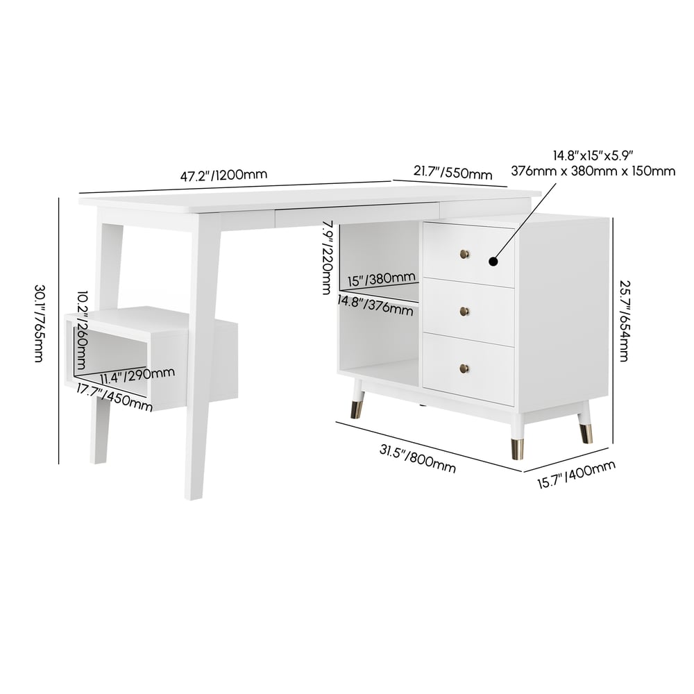 Ultic White L Shaped Office Desk with Storage Drawers & Shelf (47.2'') weights dimensions image