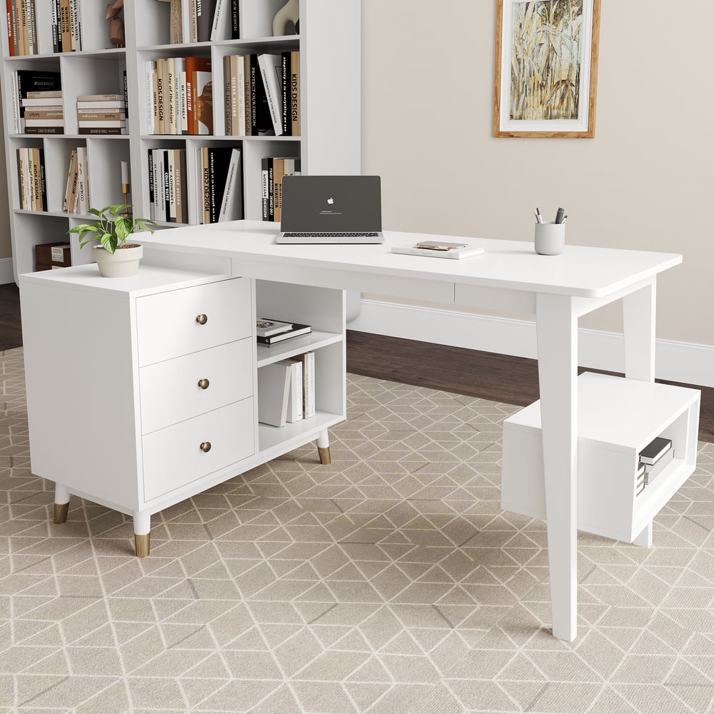 Questions and Answers for Ultic White L Shaped Office Desk with Storage Drawers & Shelf (1200mm)