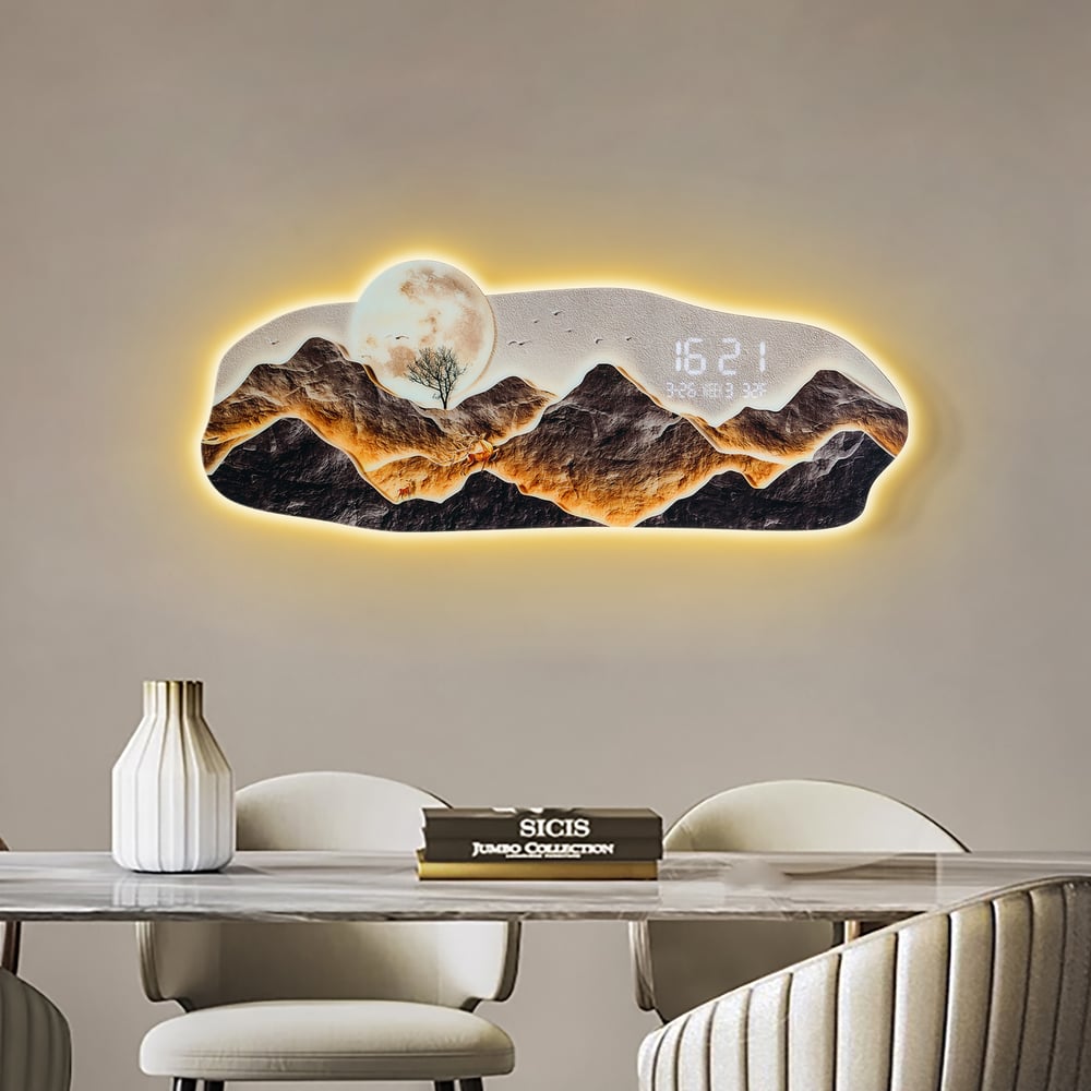 Questions and Answers for Modern LED Digital Wall Clock with Mountains and Moon Painting Decorative Wall Art