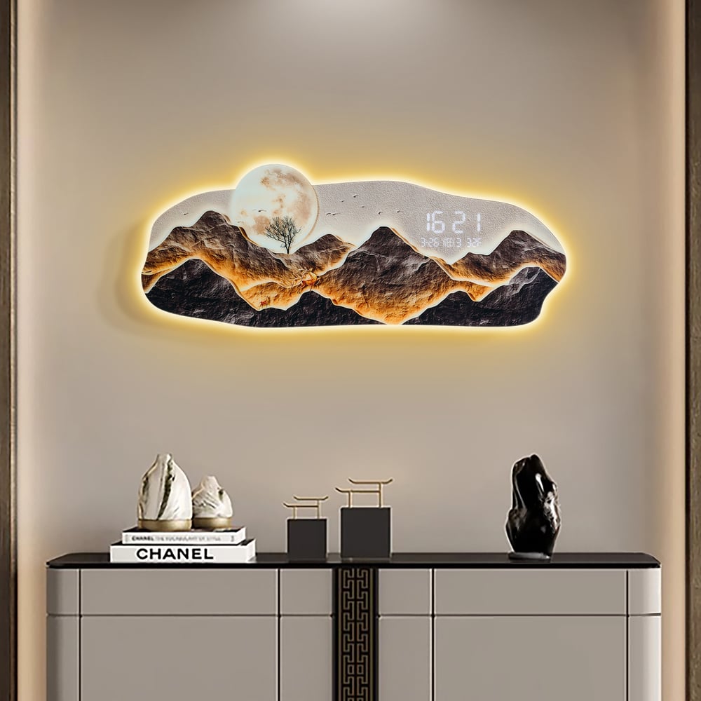 Questions and Answers for Modern LED Digital Wall Clock with Mountains and Moon Painting Decorative Wall Art