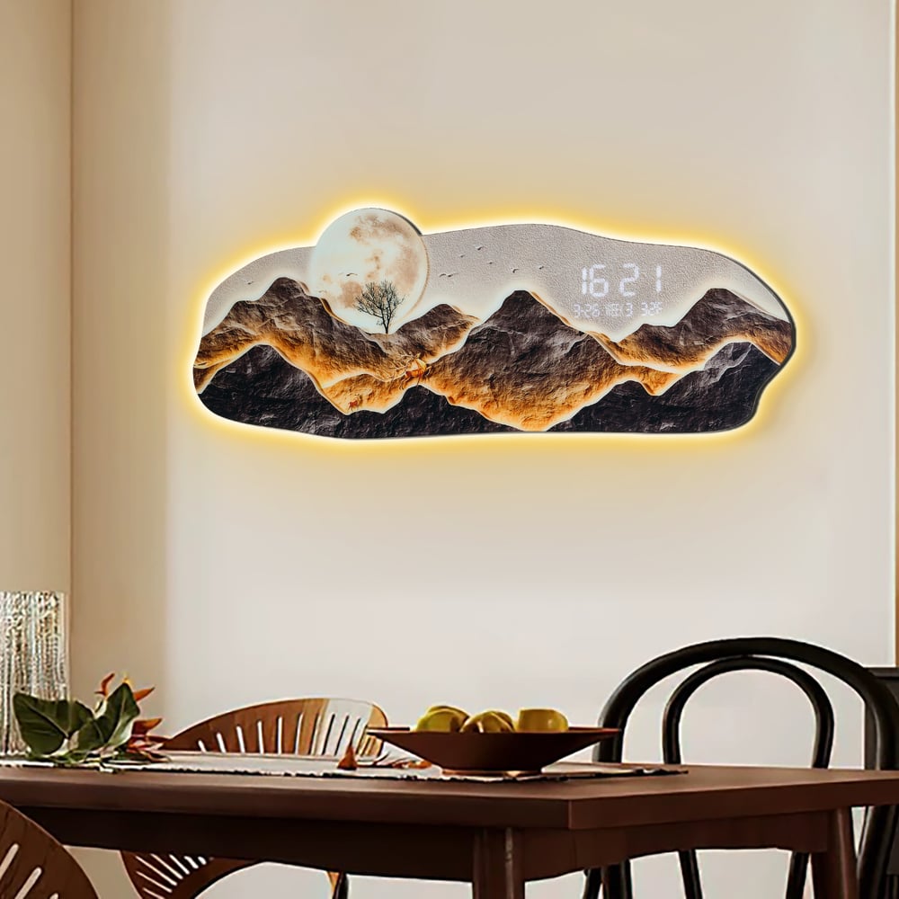 Questions and Answers for Modern LED Digital Wall Clock with Mountains and Moon Painting Decorative Wall Art