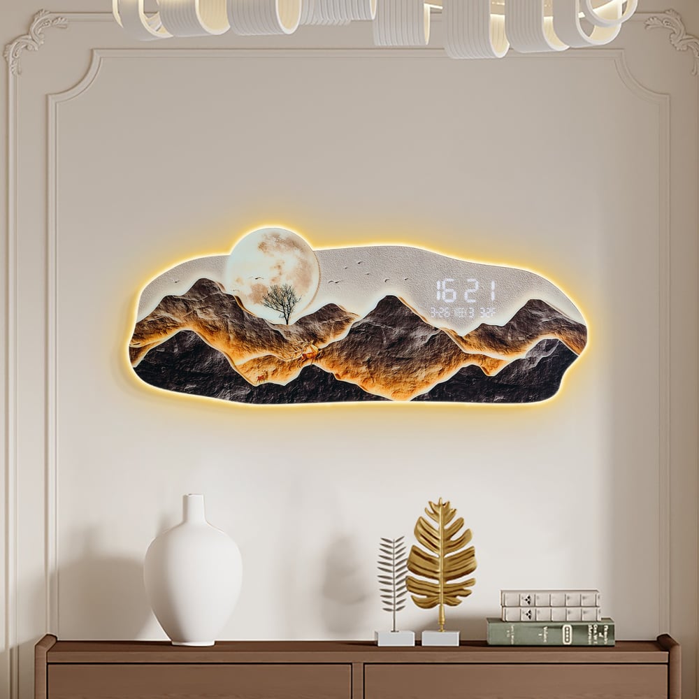 Questions and Answers for Modern LED Digital Wall Clock with Mountains and Moon Painting Decorative Wall Art