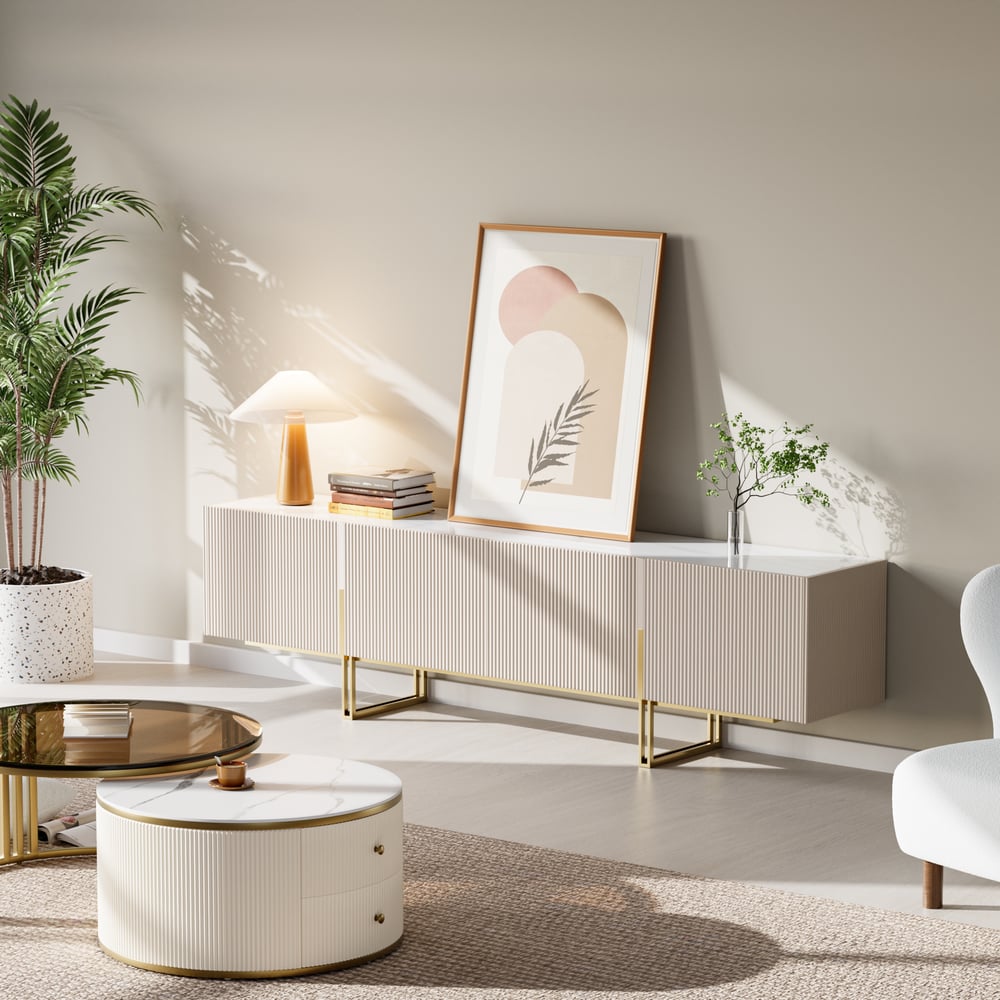 Avis Clients sur Meuble TV Grovyn Minimalist, 2 200 mm, blanc cassé, console multimédia avec dessus en pierre, 4 portes et 6 étagères