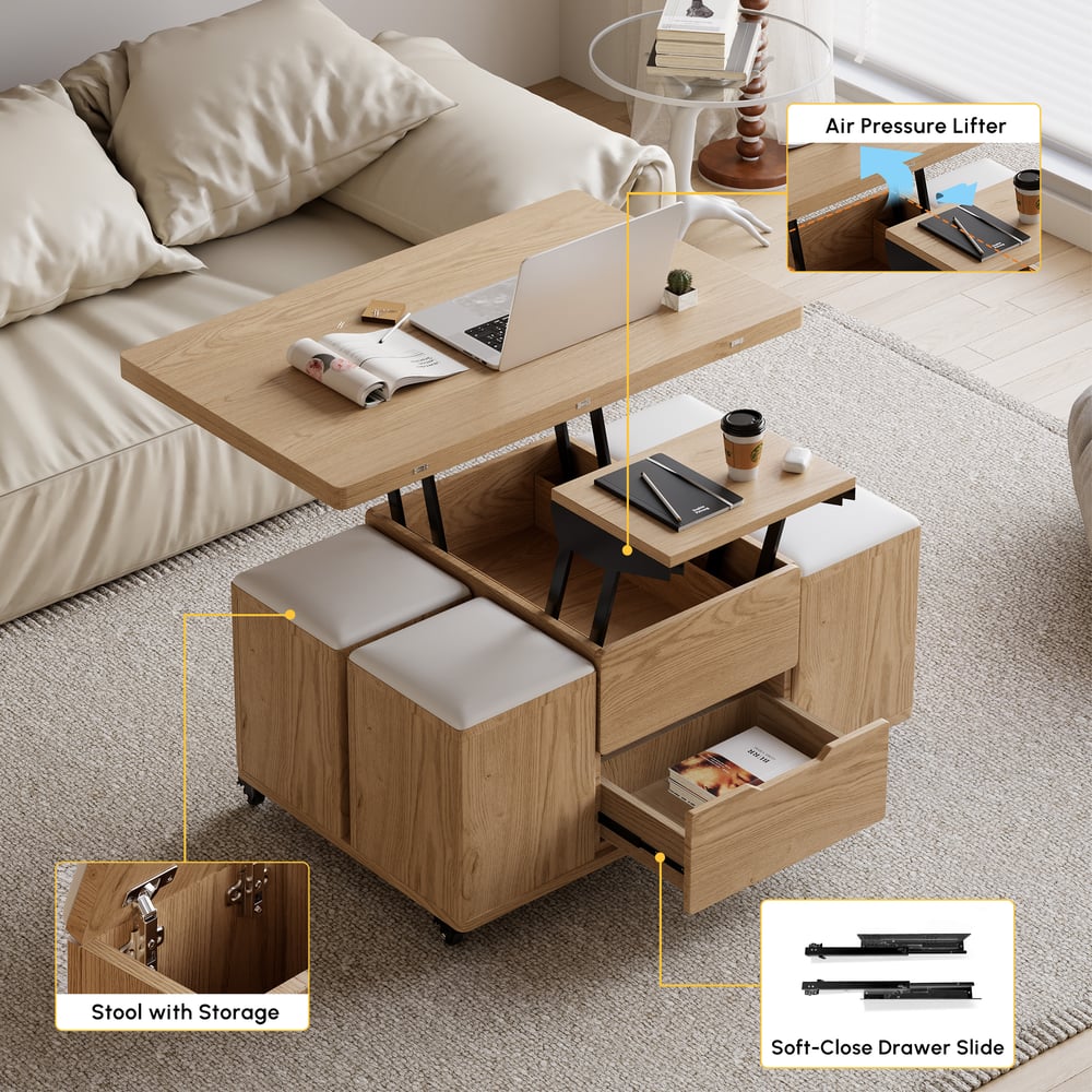 1000mm Lift-Top Foldable Natural Coffee Table with 4 Stools & Storage