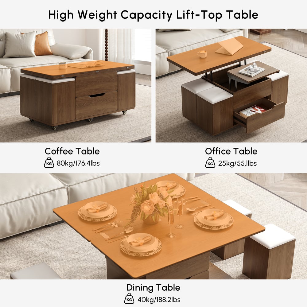 39" Lift-Top Foldable Walnut Coffee Table with 4 Stools & Storage