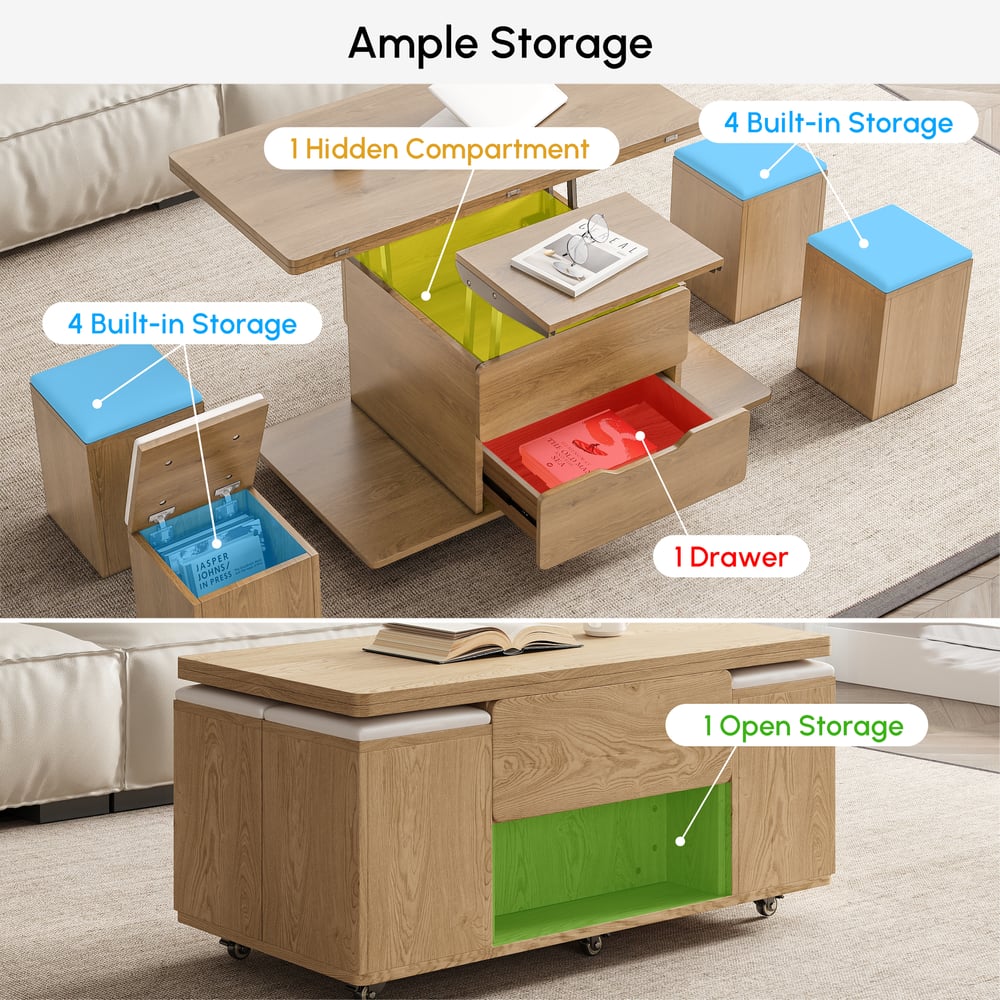1000mm Lift-Top Foldable Natural Coffee Table with 4 Stools & Storage