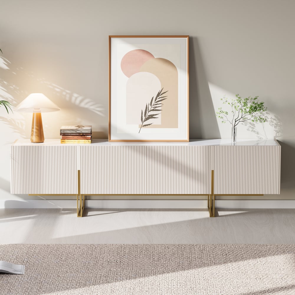 Avis Clients sur Meuble TV Grovyn Minimalist, 2 200 mm, blanc cassé, console multimédia avec dessus en pierre, 4 portes et 6 étagères