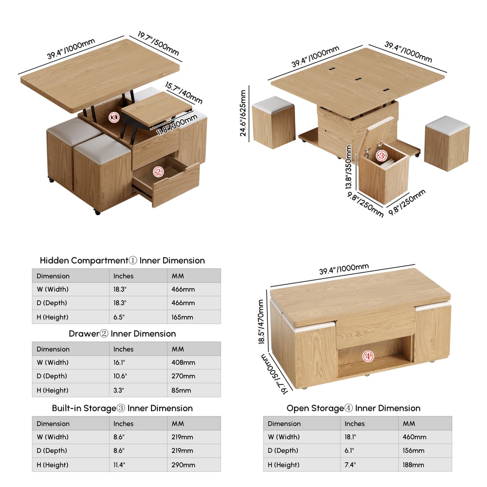 1000mm Lift-Top Foldable Natural Coffee Table with 4 Stools & Storage