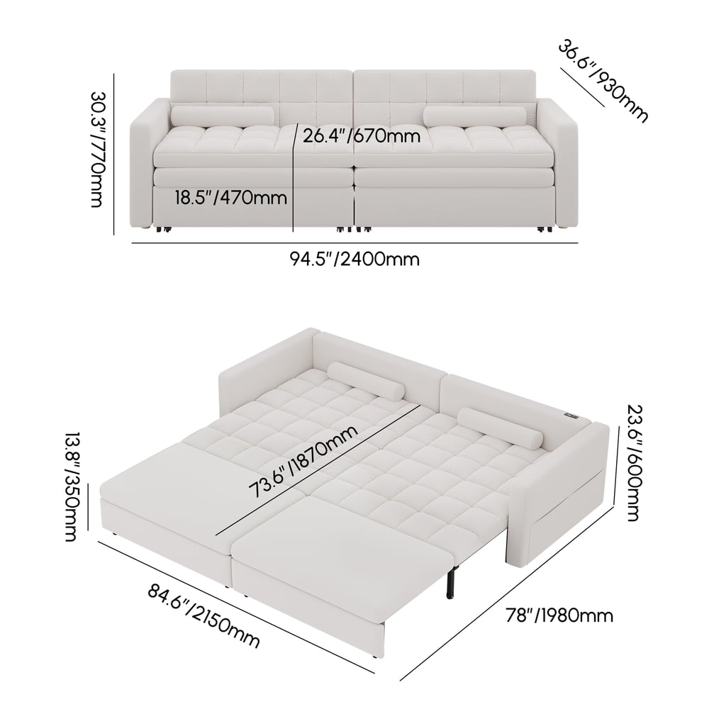 94" 2-Seater Velvet Convertible Futon Sofa Bed with USB weights dimensions image