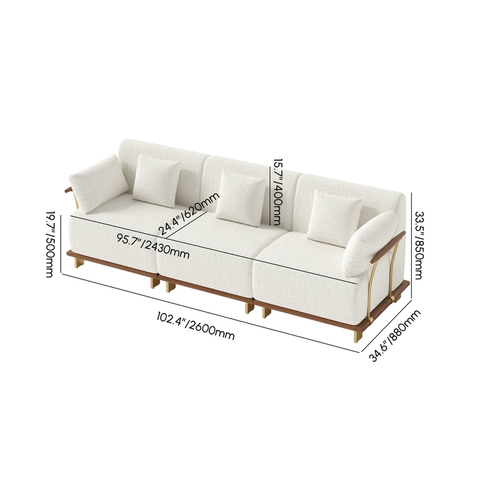 102" 3-Piece Modular White Boucle Sectional Sofa with Rubber Wood weights dimensions image