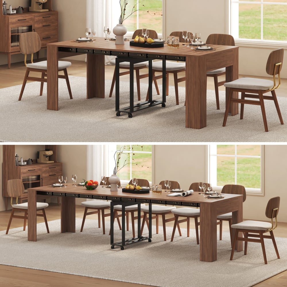 Questions and Answers for 20"-118" Rectangle Extendable Rubber Wood Dining Table Walnut Seats 10-12